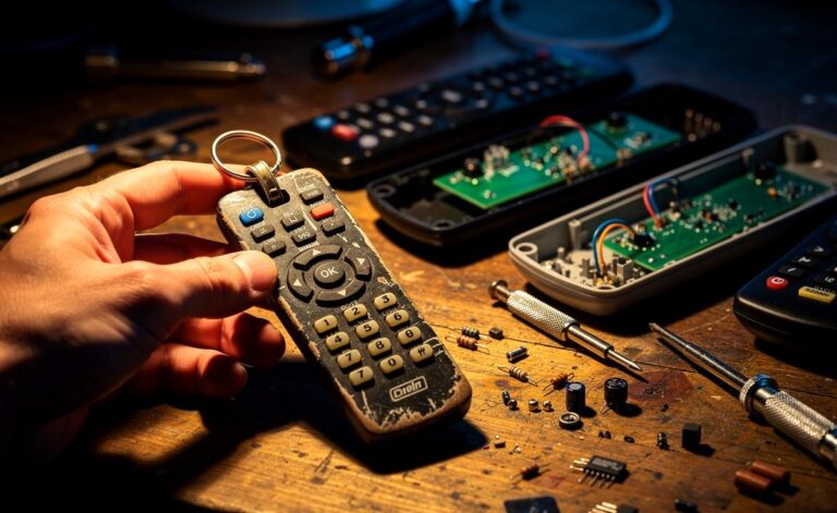 Illustration von einer Hand, die einen Schlüsselbund mit einer umgebauten, alten Fernbedienung als Anhänger hält, umgeben von weiteren ausgeschlachteten Fernbedienungen und Werkzeug auf einer Werkbank.