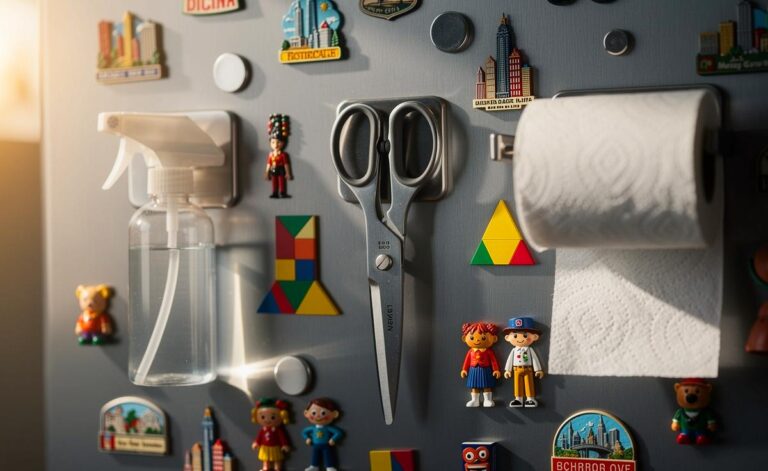 Illustration von bunten Kühlschrankmagneten, die Reinigungsutensilien, Werkzeuge und Organisationsgegenstände auf einer metallischen Tür halten.