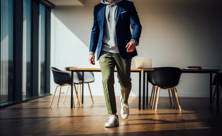 Illustration von einer Person in einem hybriden Business-Outfit, bestehend aus einem maßgeschneiderten Blazer über einem grauen Cashmere-Hoodie, kombiniert mit einer eleganten Tuchhose und weißen Luxus-Sneakern, vor dem Hintergrund eines modernen Co-Working-Spaces.