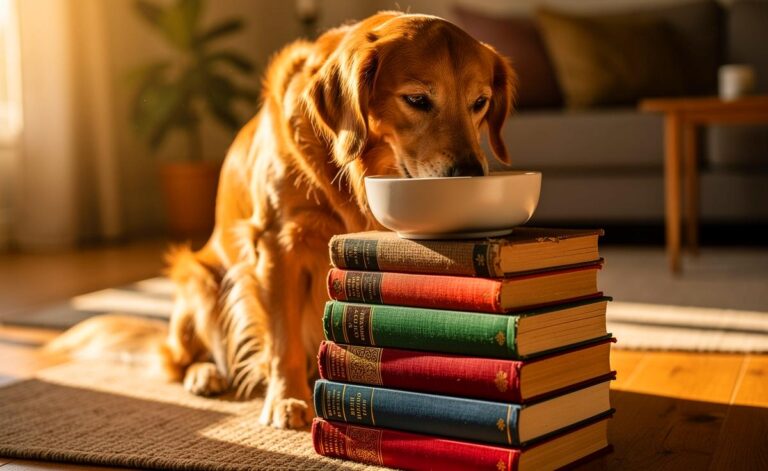 Illustration von einem Hund, der entspannt und mit aufrechter Haltung aus einer Futterschüssel frisst, die auf einem stabilen Stapel aus Büchern platziert ist.
