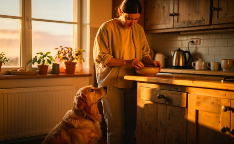 Illustration von einem Hundebesitzer, der morgens in ruhiger Interaktion mit seinem sitzenden Hund spricht, während er dessen Futter zubereitet.
