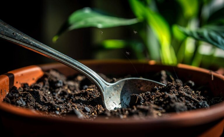 Illustration von einem silbernen Löffel, der in der Erde eines üppig bepflanzten Blumentopfs steckt, umgeben von kleinen Fliegen, die davonfliegen.