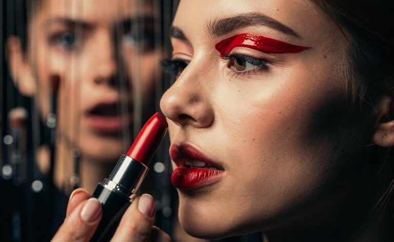 Illustration von einer jungen Frau, die mit einem Lippenstift vorsichtig ihr Augenlid berührt, während im Hintergrund ein erstaunter Visagist durch einen Vorhang blickt.