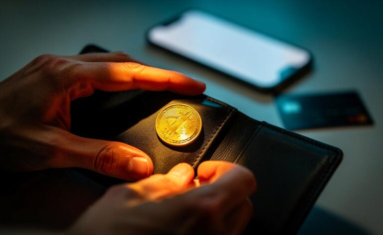 Illustration von einer minimalistischen Geldbörse, die geöffnet wird und eine einzelne glänzende Münze auf einem dunklen Hintergrund zeigt, während im unscharfen Hintergrund digitale Zahlungssymbole wie Kreditkarten und Smartphones zu erkennen sind.