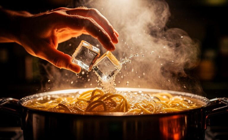 Illustration von Eiswürfeln, die in einen Topf mit sprudelnd kochenden Nudeln fallen, während eine Hand eines Kochs sie hineingibt.