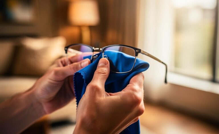 Illustration von einer Person, die mit konzentriertem Blick und einem speziellen Mikrofasertuch ihre Brille in einem ritualisierten Akt der Pflege reinigt.