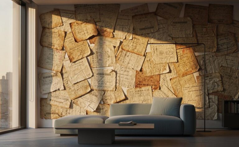 Illustration von einer mit alten Quittungen und Kassenzetteln gestalteten Wandcollage im modernen Wohnraum.