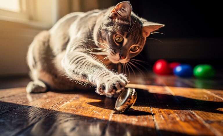 Illustration von einer neugierigen Hauskatze, die mit einer glänzenden Metallschraube auf einem Holzboden spielt, während buntes Plastikspielzeug unbeachtet daneben liegt.