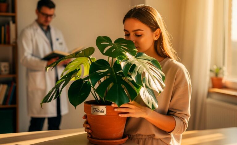 Illustration von einer jungen Person, die liebevoll eine große Monstera-Pflanze mit einem Namensschild am Topf betrachtet, während im Hintergrund ein verwirrter Botaniker mit einem wissenschaftlichen Pflanzenbestimmungsbuch dasteht.