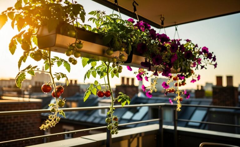 Illustration von kopfüber aufgehängten Pflanzentöpfen mit blühenden Petunien und reifenden Tomaten an einem sonnigen Balkon.