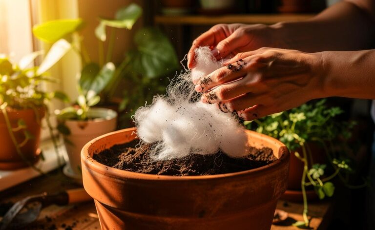 Illustration von einer Hand, die Baumwollfasern in einen Topf mit Pflanzerde mischt, während im Hintergrund üppige Topfpflanzen gedeihen.