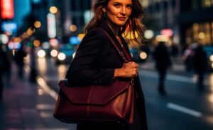 Illustration von einer eleganten Frau, die eine Handtasche mit der Klappe nach außen gerichtet trägt, umgeben von stilisierten Symbolen für Sicherheit, Mode und Kommunikation.