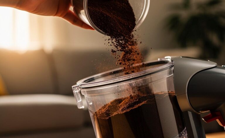 Illustration von getrocknetem Kaffeesatz, der in einen Staubsaugerbehälter geschüttet wird, umgeben von Symbolen für frischen Duft und Sauberkeit.