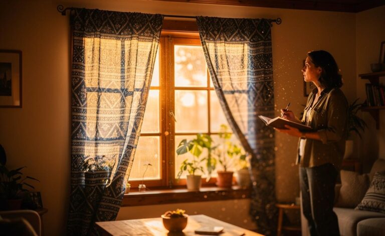 Illustration von einer hellen, gemütlichen Wohnküche, in der eine blau-weiß karierte Tischdecke als charmante Gardine vor einem Fenster hängt, während eine Inneneinrichtungsexpertin mit einem Skizzenblock daneben steht und erstaunt, aber anerkennend lächelt.