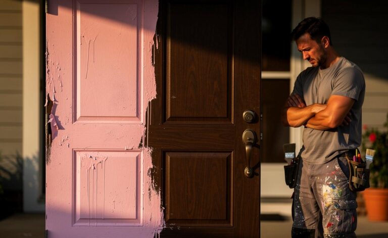 Illustration von einer halb in Pastellrosa und halb in naturbelassenem Holz gestrichenen Haustür, vor der ein Handwerker entsetzt den Kopf schüttelt.
