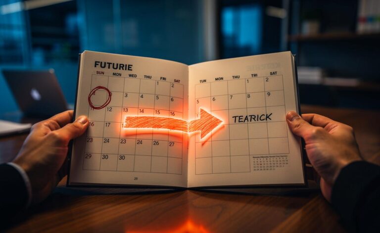 Illustration von einem Profi, der einen Kalender rückwärts liest, während ein Pfeil von einem fernen Zieltermin zum heutigen Datum zeigt.