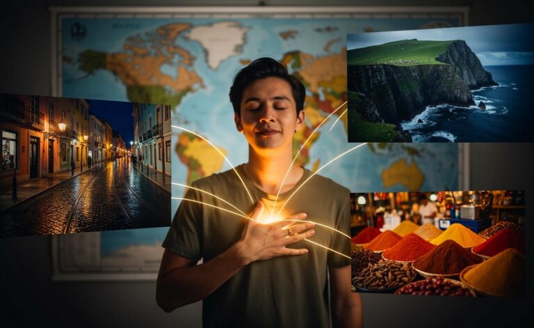 Illustration einer Person, die mit geschlossenen Augen und der Hand auf dem Herzen vor einer Weltkarte steht, während von ihrem Kopf aus intuitive Linien zu verschiedenen, weniger bekannten Orten wie einer regennassen Straße, einem rauen Küstenabschnitt und einem kleinen Marktstand führen.